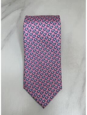 Tommy Hilfiger 100% silk tie pink/light blue/white fish geometric novelty preppy